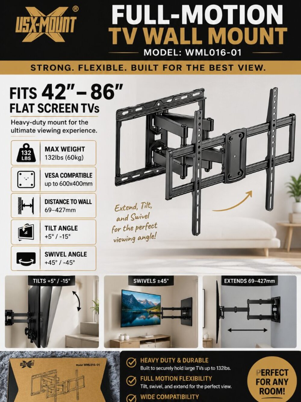 USX MOUNT Full Motion TV Wall Mount WML016-01 Fits 42”-86” TVs Heavy Duty New